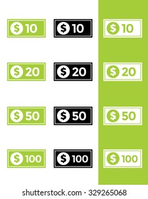 Vector Dollar Bill Set in Various Denominations