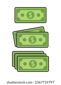 Ilustración plana de facturas de dólares vectoriales con contorno