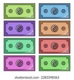 Vector dollar bills that have a variety of colors available in one image frame