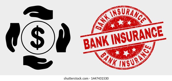 Vector dollar care hands pictogram and Bank Insurance watermark. Red rounded scratched watermark with Bank Insurance text. Vector composition for dollar care hands in flat style.