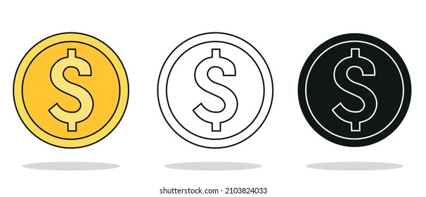 Vector Dollar Cents Icons with Different Style Isolated on white background. Money Icons Set. Outline, Silhouette and golden Dollar. USA International Currency. 