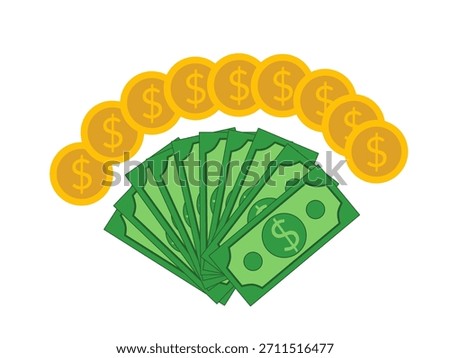 Vector of dollar coins and cash banknotes in flat style, showing money, finance and wealth for business and economy themes