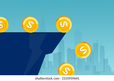 Vector Of Dollar Coins Falling Down Of The Cliff On A City Background 