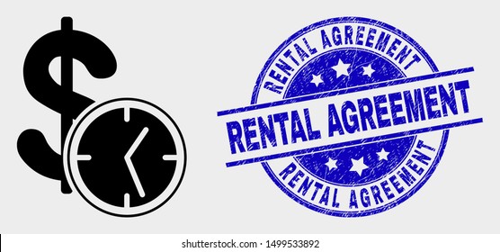 Vector dollar credit time pictogram and Rental Agreement seal stamp. Red round grunge seal stamp with Rental Agreement text. Vector composition in flat style. Black isolated dollar credit time icon.