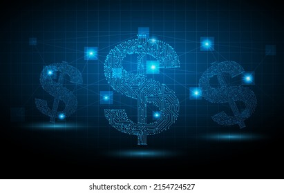 Vektor-Dollar-Währungssymbol auf dunkelblauem Hintergrund, Circuit-Linie und Verbindungs-Blockchain, digitales Finanzwesen, moderner Hintergrund
