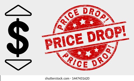 Vector dollar up down icon and Price Drop! stamp. Red round scratched stamp with Price Drop! text. Vector combination for dollar up down in flat style. Black isolated dollar up down icon.