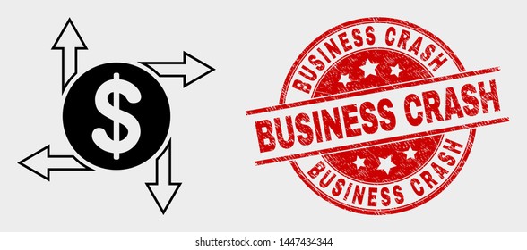 Vector dollar emission pictogram and Business Crash seal stamp. Red round grunge seal stamp with Business Crash text. Vector composition for dollar emission in flat style.