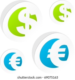 Dólar vectorial y stickers de euro.
