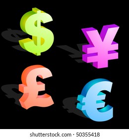 Vector dollar, euro, yen and pound signs.