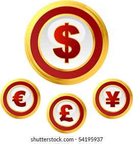 Dólar vectorial, euro, yen y signos de libra. Conjunto de botones.