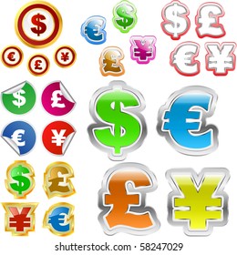 Dólar vectorial, euro, yen y signos de libra. Gran colección.