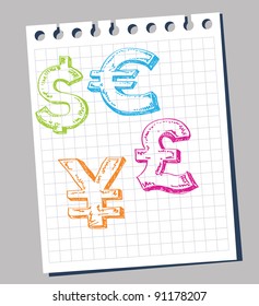 Vector dollar, euro, yen and pound signs.