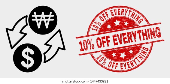 Vector dollar exchange korean won icon and 10% Off Everything seal stamp. Red rounded grunge seal stamp with 10% Off Everything caption.