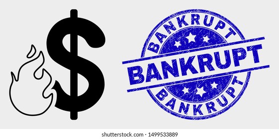 Vector dollar fire pictogram and Bankrupt seal stamp. Red rounded textured stamp with Bankrupt caption. Vector combination in flat style. Black isolated dollar fire pictogram.