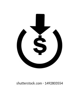 Vector dollar icon down. Cost reduction symbol icon