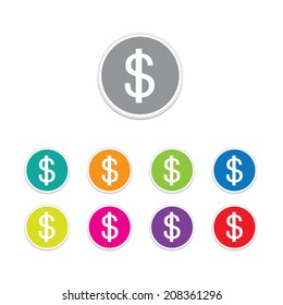 Vector - dollar icon. Round stickers. 