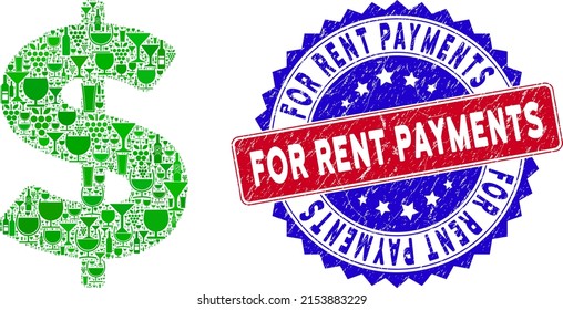 Vector dollar icon wine collage and grunge bicolor For Rent Payments seal. Red and blue bicolored stamp with grunge surface and For Rent Payments slogan. Dollar mosaic icon is created with wine cups,