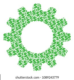 Vector dollar icons are grouped into gear combination. Technical design concept constructed with dollar items.