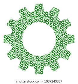 Vector dollar icons are grouped into cogwheel collage. Development design concept constructed from dollar pictograms.
