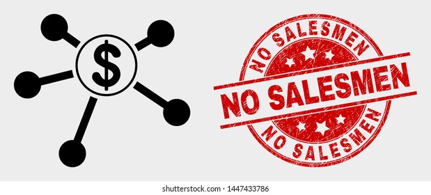Vector dollar links pictogram and No Salesmen stamp. Red round textured seal stamp with No Salesmen text. Vector composition for dollar links in flat style. Black isolated dollar links pictogram.