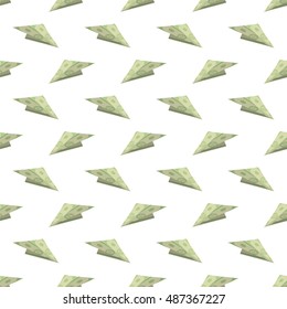 Vector Dollar Paper Concept Plane Seamless Pattern on White Background. American Banknotes. Cash Money. US Currency