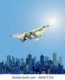 vector dollar paper plane flying over abstract Manhattan