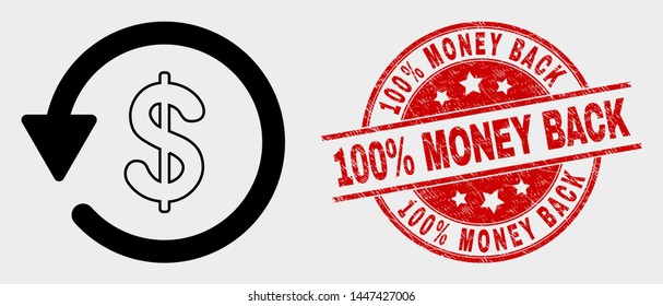 Vector dollar refund pictogram and 100% Money Back seal stamp. Red rounded scratched seal stamp with 100% Money Back caption. Vector composition for dollar refund in flat style.