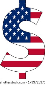 Vector dollar sign with American flag inside isolated on white background. For projects on themes: economy, finance, USA, growth, politics, money.