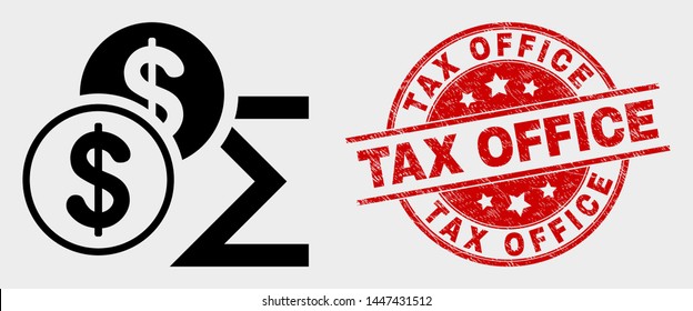 Vector dollar sum icon and Tax Office seal stamp. Red round scratched seal stamp with Tax Office caption. Vector combination for dollar sum in flat style. Black isolated dollar sum icon.