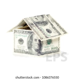 Dinero vectorial en forma de casa. El concepto hipotecario significa hipotecación o cuotas. Casa hecha de dinero