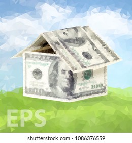 Vector dollars money in the shape of a house. Mortgage concept means hypothecation or instalments. House made of money