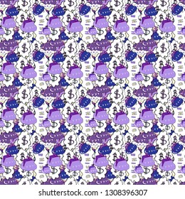 Vector. Dollars. Seamless business pattern. Bitcoin. Business pattern on white and violet background.