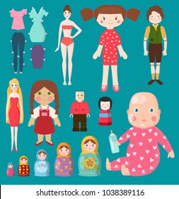 Vector dolls toy character girls and boys human face and body game dress rag-doll illustration. Pretty underwear little baby girl kids matryoshka doll toy, dummy model style