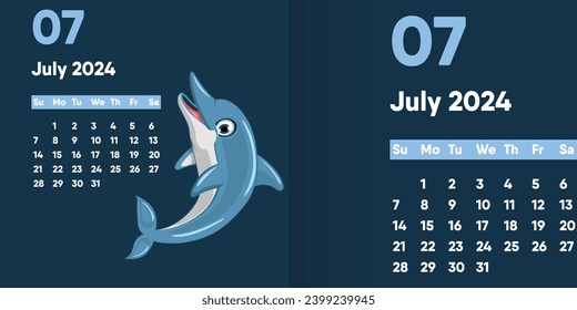 Vector dolphin. Calendar for July 2024 with a dolphin, a funny cartoon character.