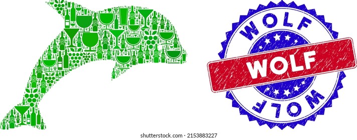 Vector dolphin icon wine composition with grunge bicolor Wolf seal stamp. Red and blue bicolored badge with grunge surface and Wolf word. Dolphin collage icon formed with wine cups,