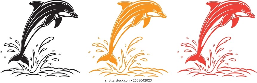 A vector of a dolphin leaping out of the water, with detailed lines showing splashes below.