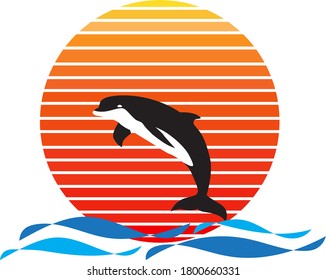 Vector of dolphin on sea and sunset in background. Dolphin jumping out of water company logo illustration design