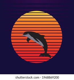 Vector of dolphin on sunset background. Dolphin jumping out of water company logo illustration design