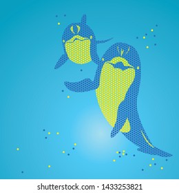 Vector of dolphins with blue and yellow hexagon patterns. Blue background. Dolphin illustration