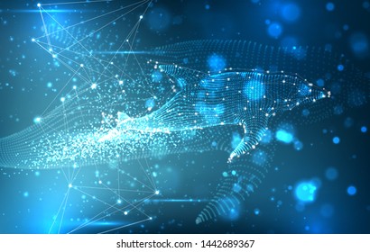 Vector dolphins from dots and lines float on a bright blue background with highlights and flashes.