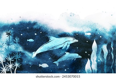 Vektorgrafik Delfine, Fische und Algen unter dem Meer. Aquarell-Illustration mit Unterwasser-Natur, Meereslebewesen und Ort für Text. Design für Flyer, Liste, Anzeige, Banner, Einladung