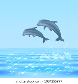 Vector- Dolphins jumping out of the water, summer seascape bathe big fish, play in the water as an illustration for the Dolphinarium.