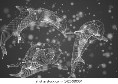 Vector dolphins on a bright background with highlights, dots and lights.