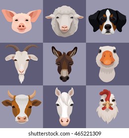 Vector domestic farm animals icon set, dog, ram, goat, pig, goose, donkey, cow, hen, horse