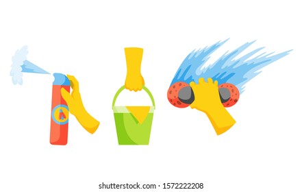 Vector of Domestic housework. Household Cleaning Equipments. Cleaning kit. A set of colorful icon collection isolated on white background