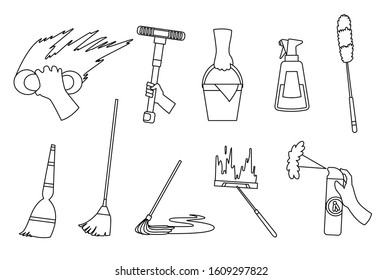 Vector of Domestic housework. Household Cleaning Equipments. Cleaning kit. A set of colorful icon collection isolated on white background. Sketch style