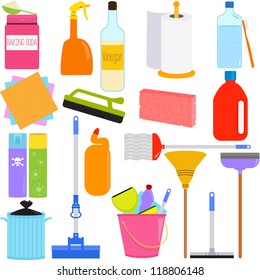 Vector of  Domestic housework Tools for Washing, Household Cleaning Equipments, baking soda, vinegar, sponge, brush, chemical. A set of cute and colorful icon collection isolated on white background