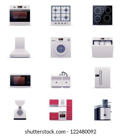 Vector domestic kitchen appliances and electronics icon set. Part 1. Includes stove, oven, dishwasher, washing machine, fridge, microwave, furniture and other objects