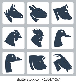 Vector domesticated animals icons set: horse, sheep, cow, chicken, rooster, duck, goose, pig, goat
