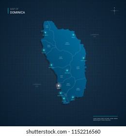 Vector Dominica map illustration with blue neon lightpoints - triangle on dark blue gradient background. Administrative divisions, cities, borders, capital. Neon tech background with glow. 